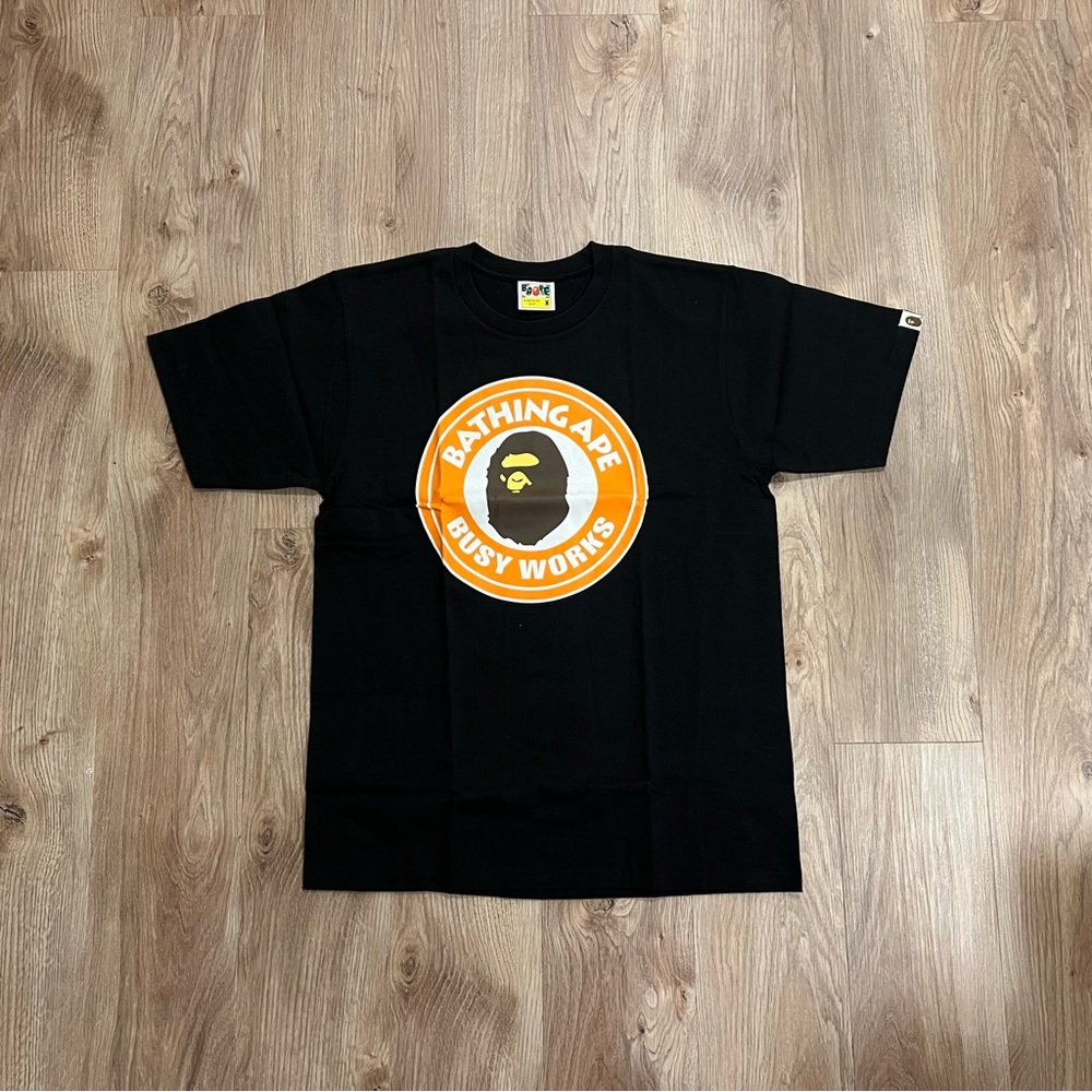 Size M- BAPE Busy Works Black T-Shirt with Orange Logo NEW